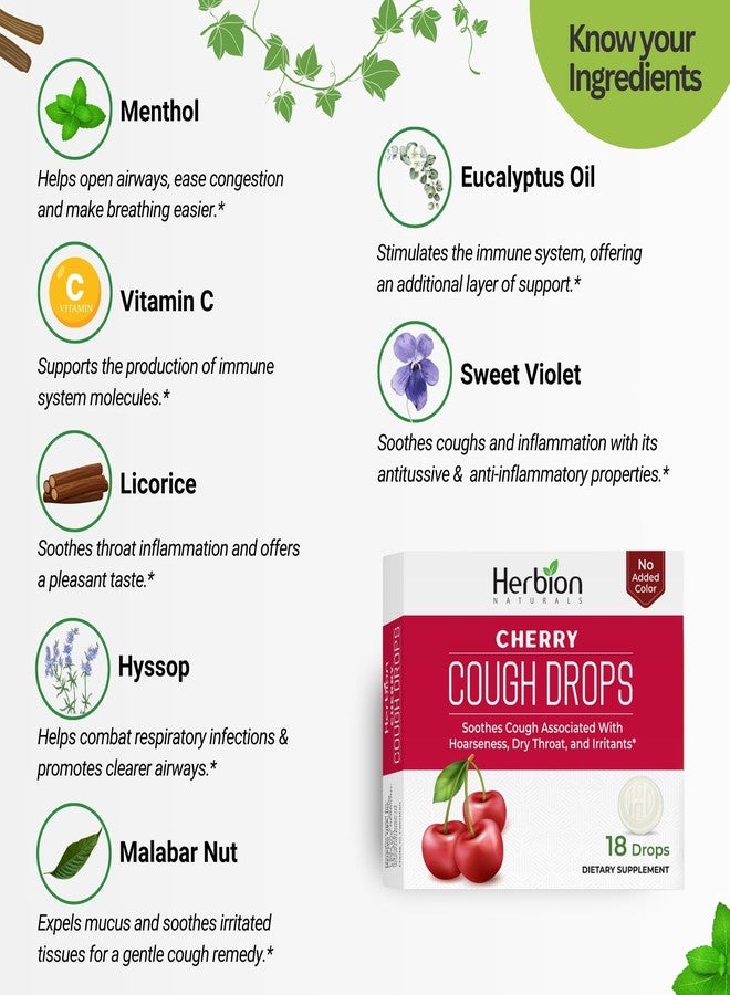 HERBION Naturals Cough Drops, Dietary Supplement, Soothes Cough, for Adults and Children Over 6 Years, No Artificial Flavor, No Added Color, 108 Count, Cherry, Pack of 6 - Image 3